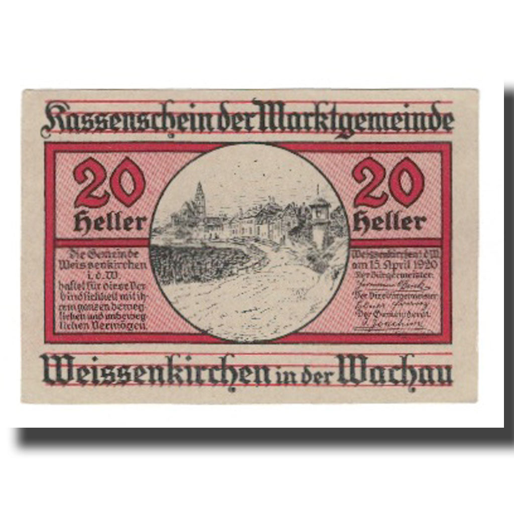Nota, Áustria, Weissenkircher in der Wachau, 20 Heller, Texte  5, 1920