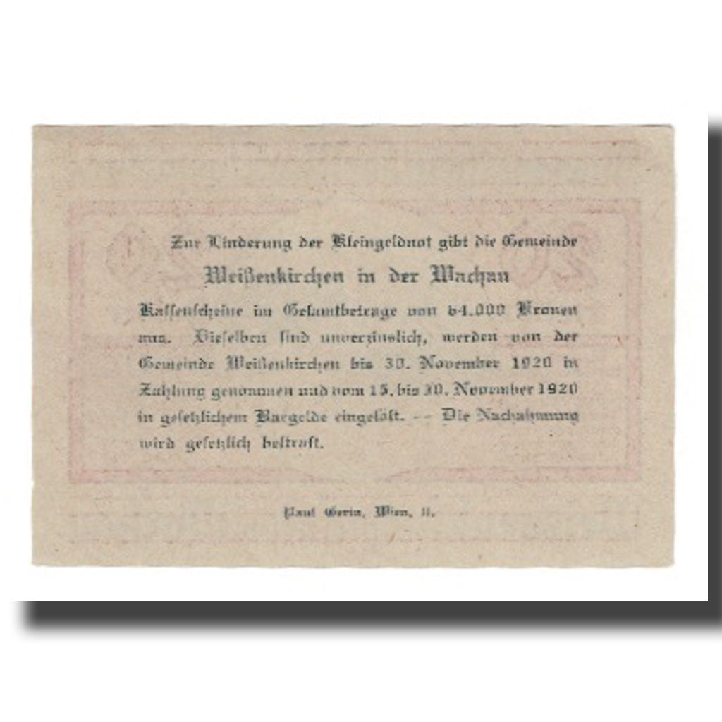 Nota, Áustria, Weissenkircher in der Wachau, 20 Heller, Texte  5, 1920