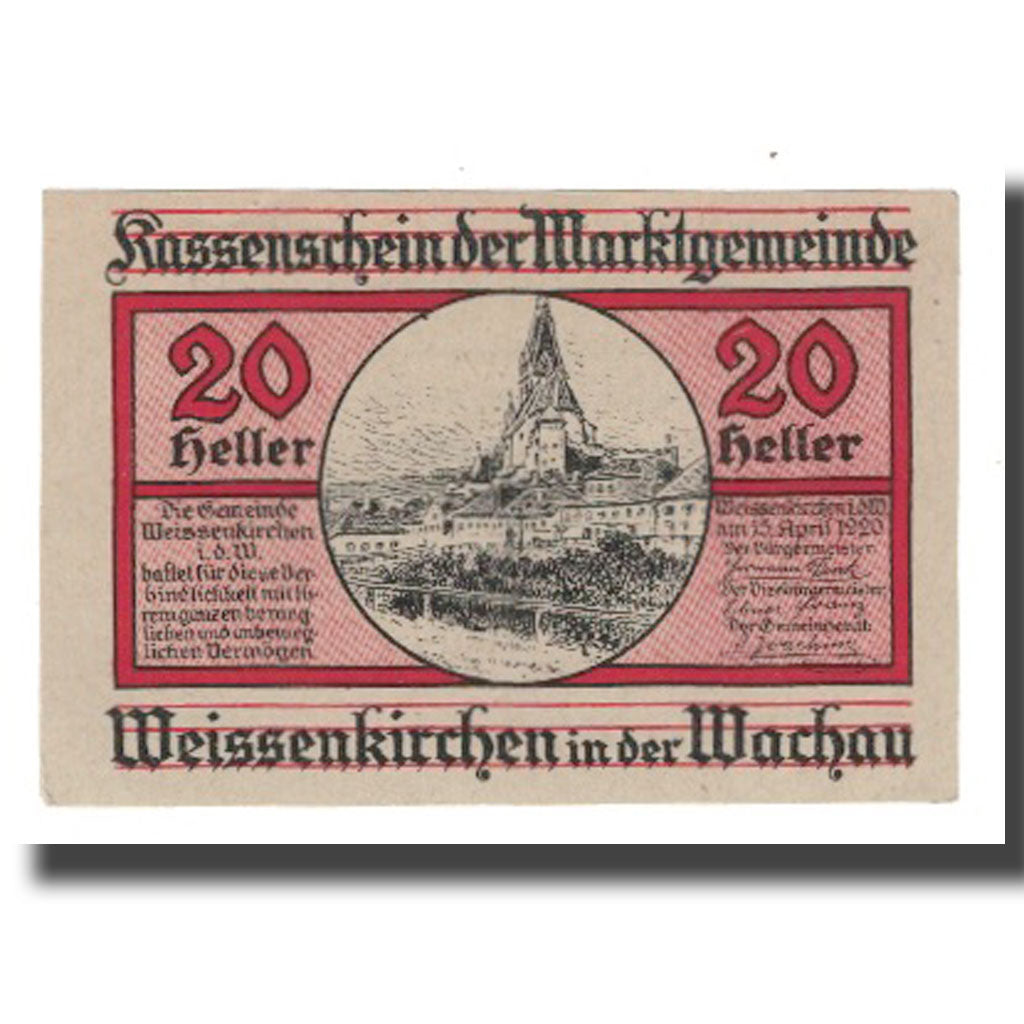 Nota, Áustria, Weissenkircher in der Wachau, 20 Heller, Texte 6, 1920