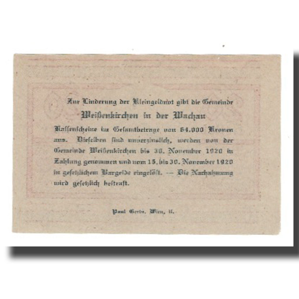 Nota, Áustria, Weissenkircher in der Wachau, 20 Heller, Texte 6, 1920