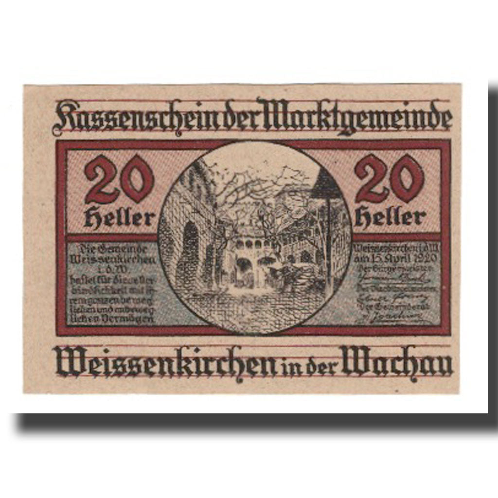 Nota, Áustria, Weissenkircher in der Wachau, 20 Heller, Texte 7, 1920