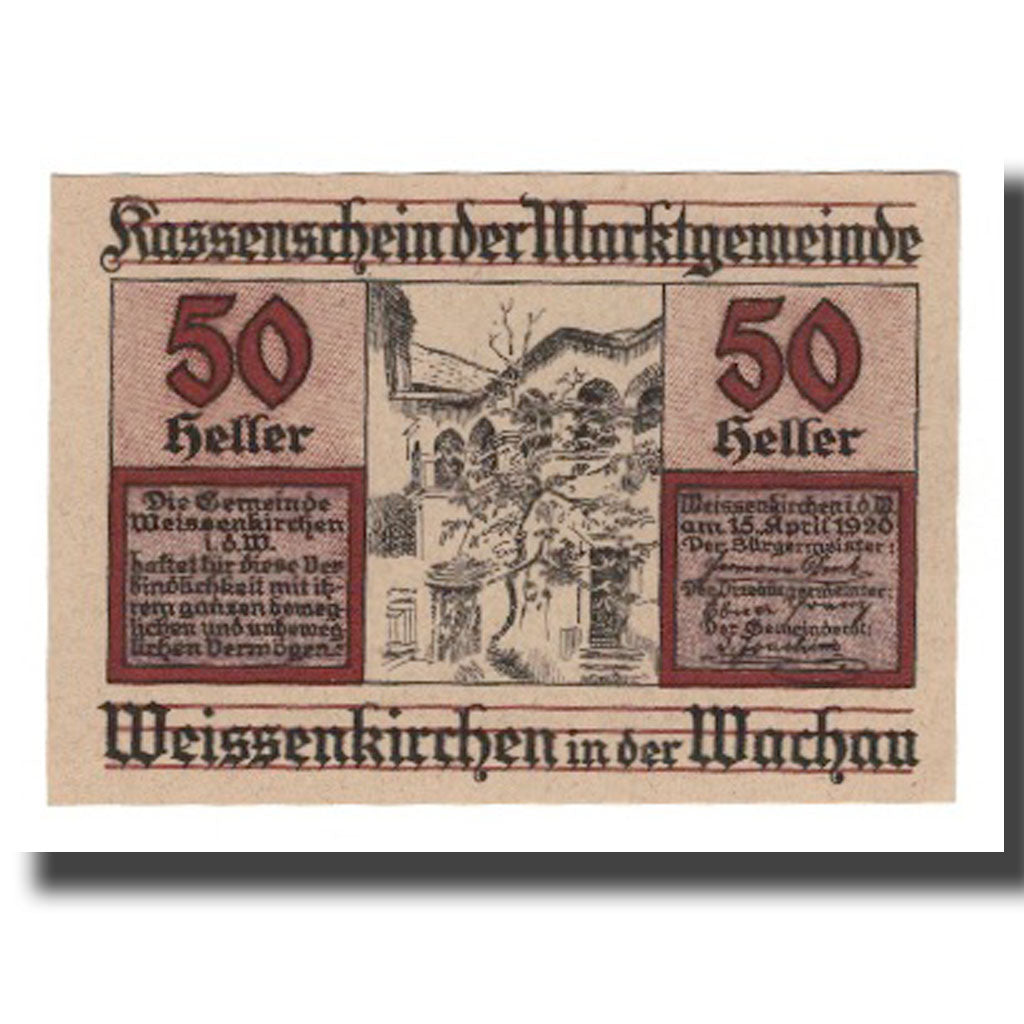 Nota, Áustria, Weissenkircher in der Wachau, 50 Heller, Texte 8, 1920