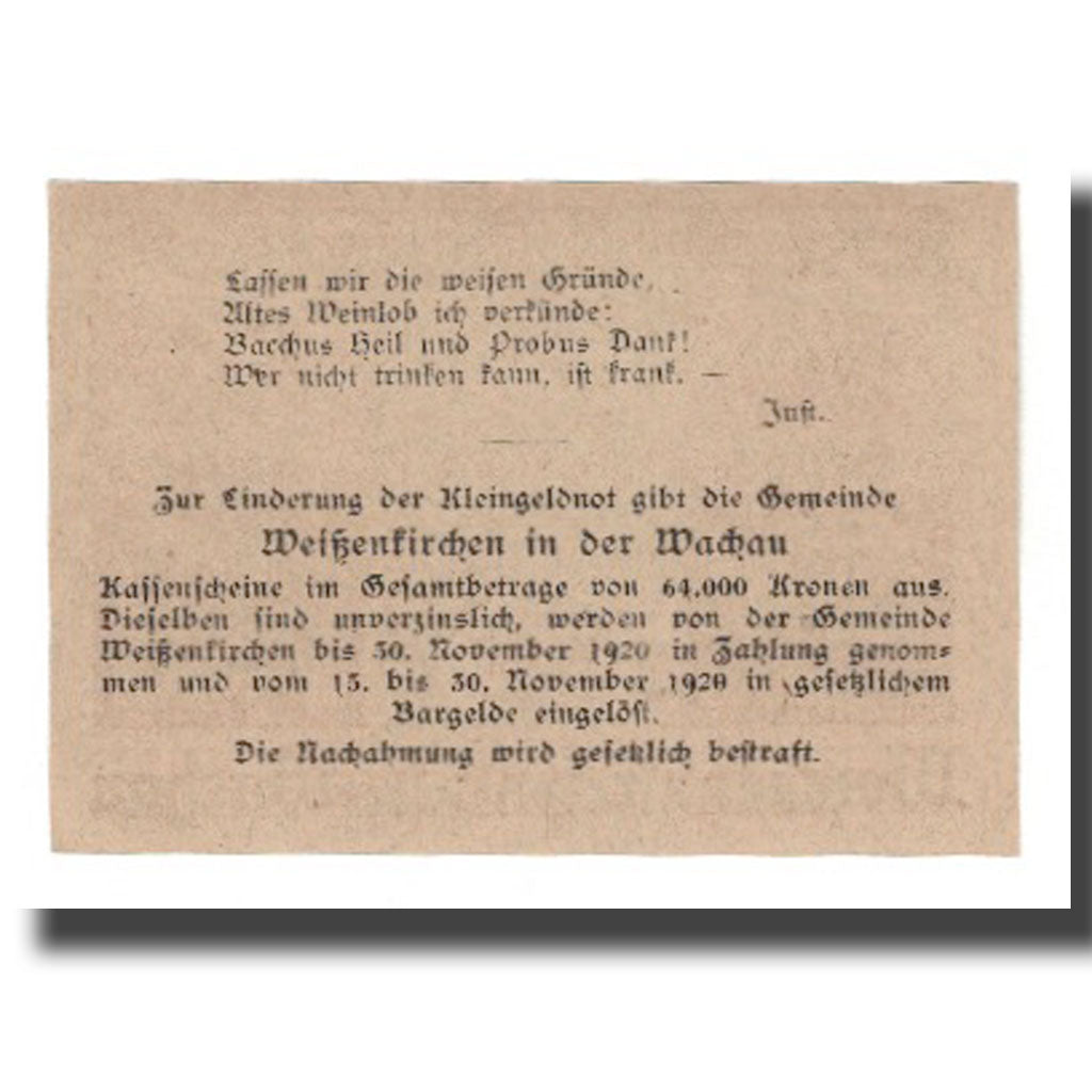 Nota, Áustria, Weissenkircher in der Wachau, 50 Heller, Texte 8, 1920