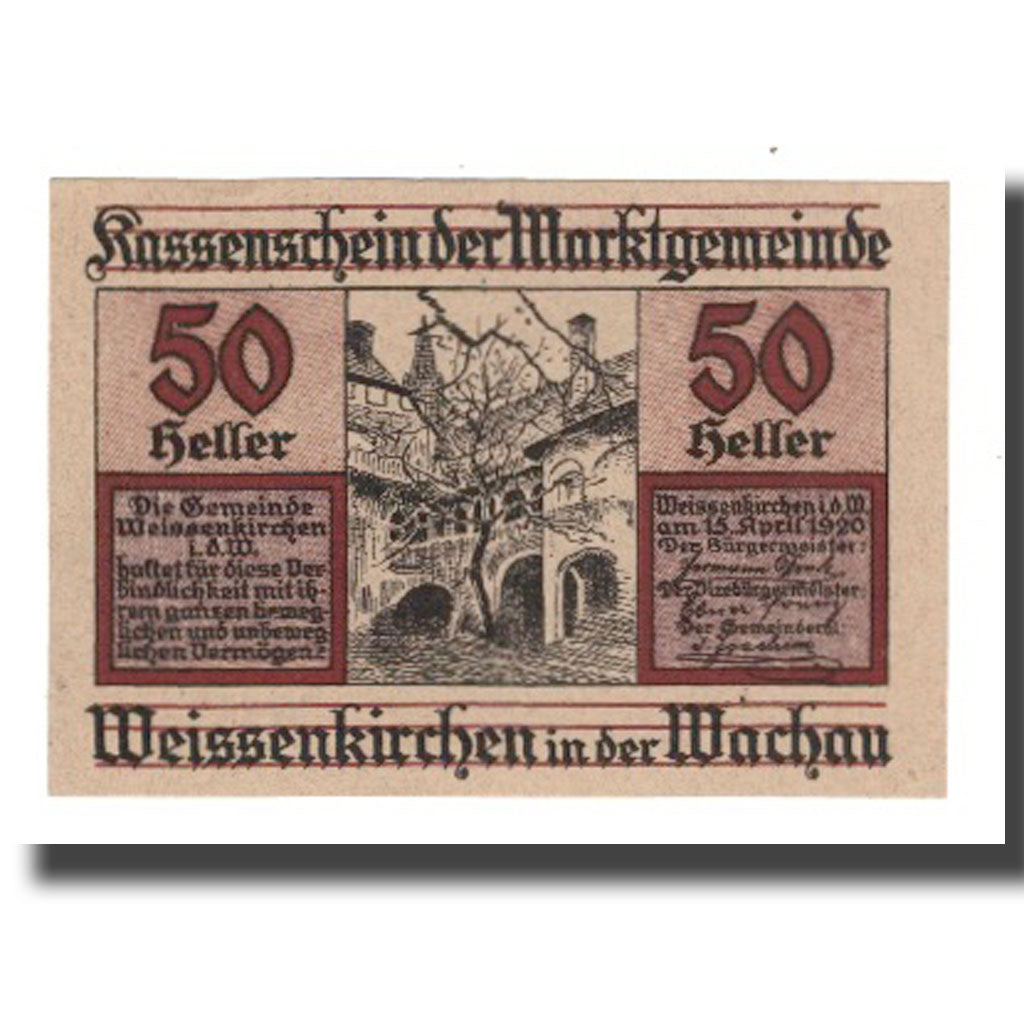 Nota, Áustria, Weissenkircher in der Wachau, 50 Heller, Texte 9, 1920