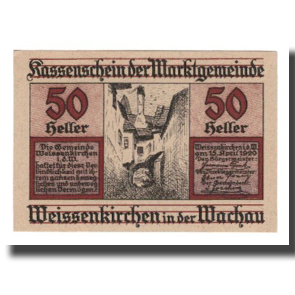 Billete, Austria, Weissenkircher in der Wachau, 50 Heller, Texte, 1920