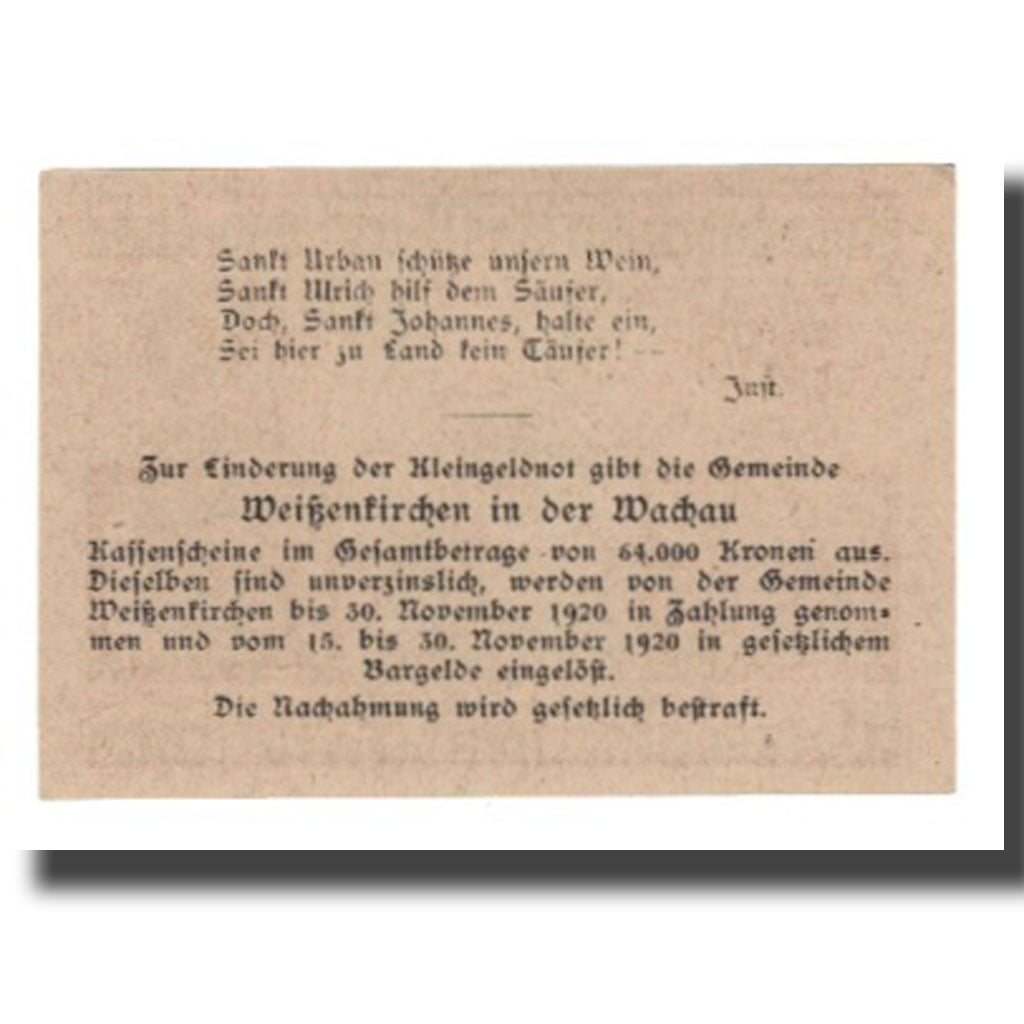Billete, Austria, Weissenkircher in der Wachau, 50 Heller, Texte, 1920