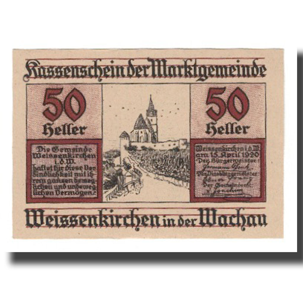 Banknote, Austria, Weissenkircher in der Wachau, 50 Heller, texte 1, 1920