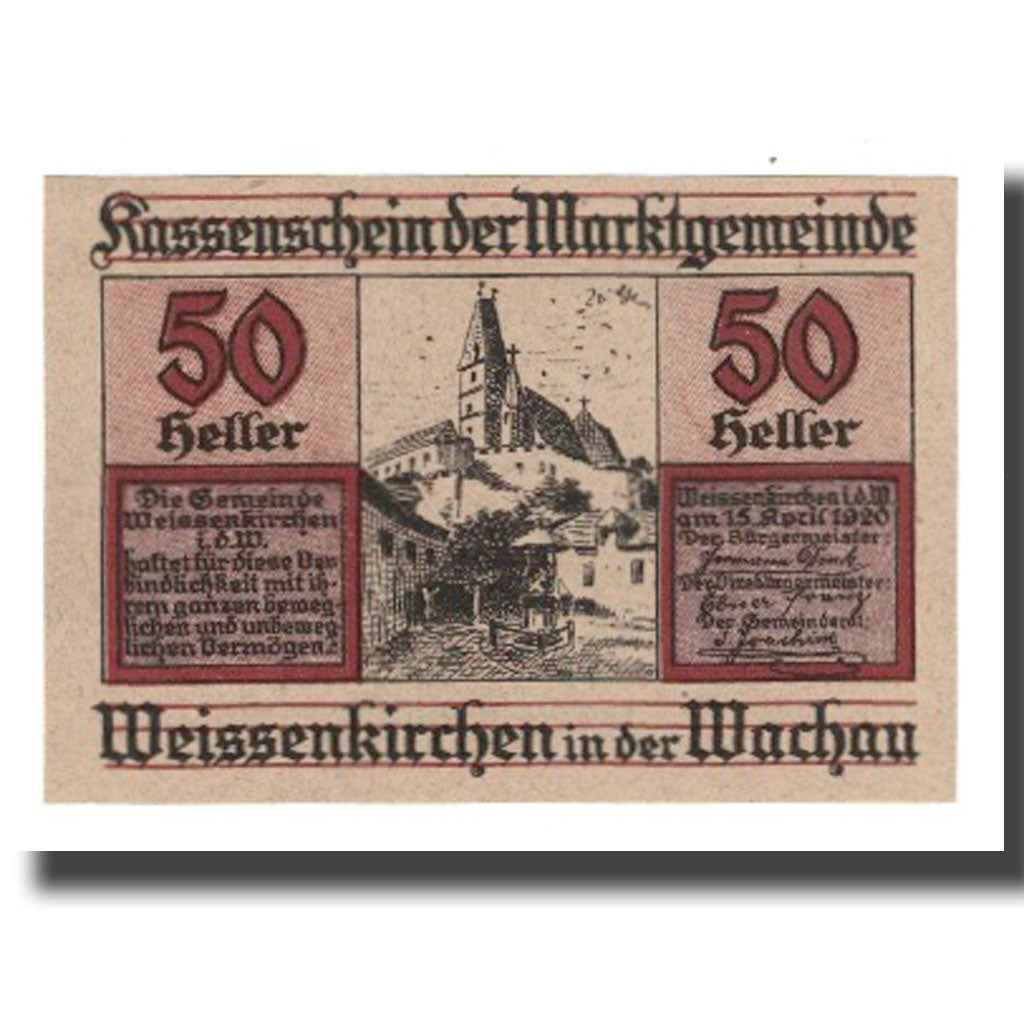 Nota, Áustria, Weissenkircher in der Wachau, 50 Heller, Texte 2, 1920