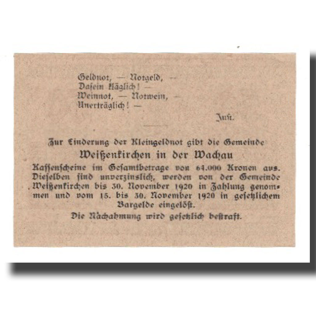 Nota, Áustria, Weissenkircher in der Wachau, 50 Heller, Texte 2, 1920