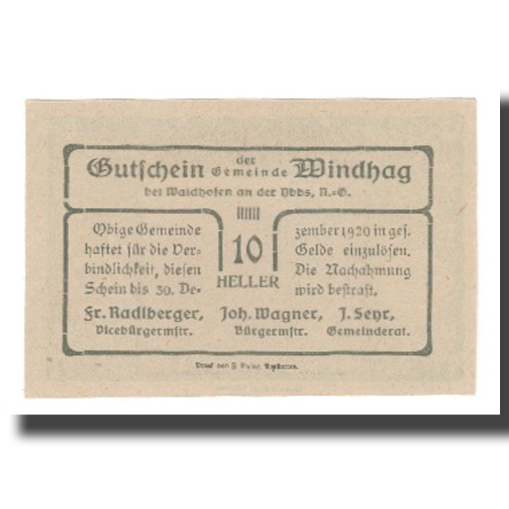 Billete, Austria, Windhag bei Waidhofen an der Ybbs N.Ö. Gemeinde, 10 Heller