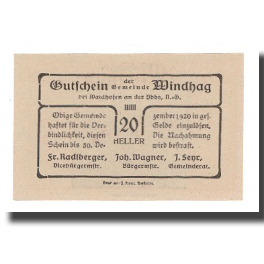 Banknote, Austria, Windhag bei Waidhofen an der Ybbs N.Ö. Gemeinde, 20 Heller