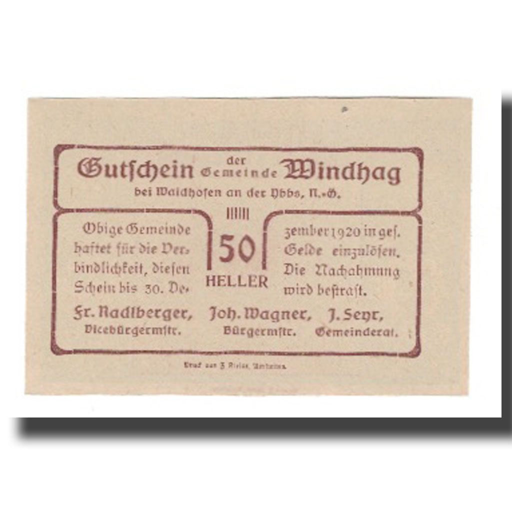 Nota, Áustria, Windhag bei Waidhofen an der Ybbs N.Ö. Gemeinde, 50 Heller