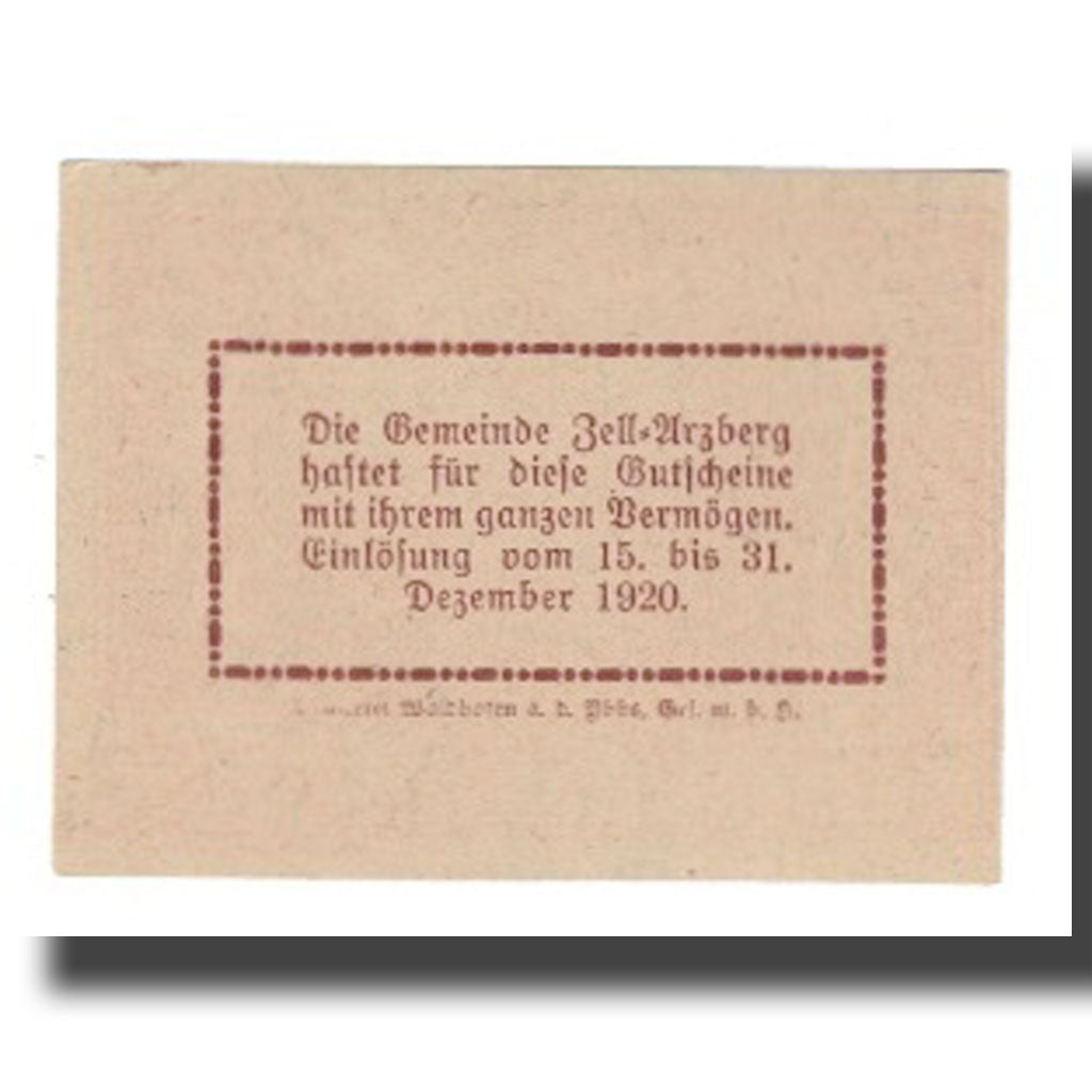 Nota, Áustria, Zell Arzberg, 50 Heller, Texte 2, 1920, 1920-12-30, UNC(65-70)