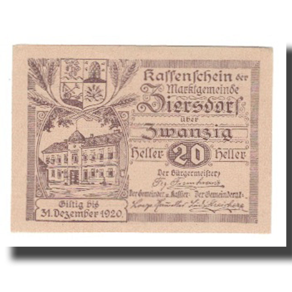 Banknote, Austria, Ziersdorf, 20 Heller, texte 1, 1920, 1920-12-31, UNC(65-70)