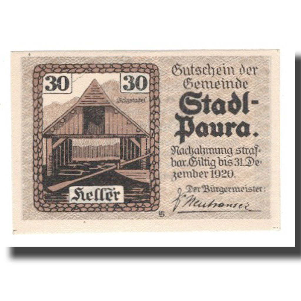 Banknote, Austria, Stadl-Paura, 30 Heller, Texte, 1920, 1920-12-31, UNC(65-70)