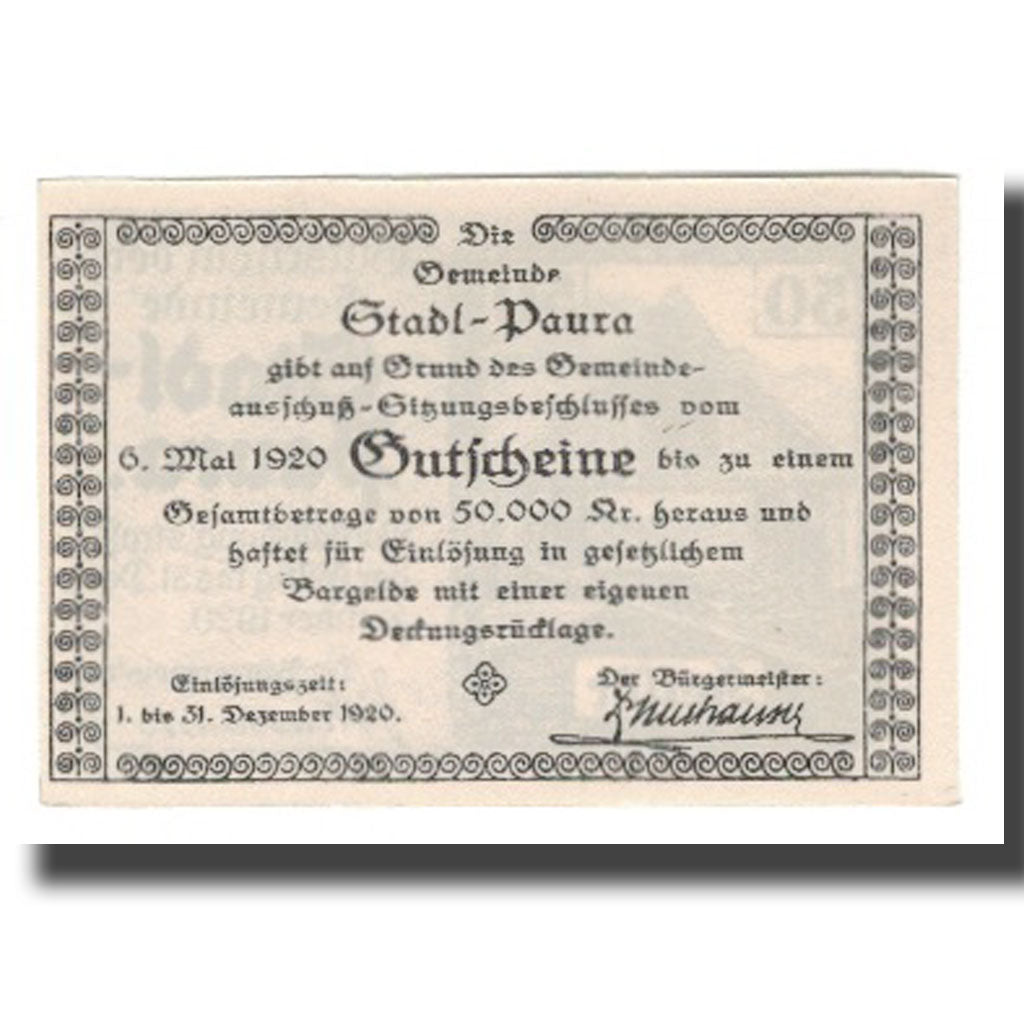 Banknote, Austria, Stadl-Paura, 50 Heller, texte 1, 1920, 1920-12-31