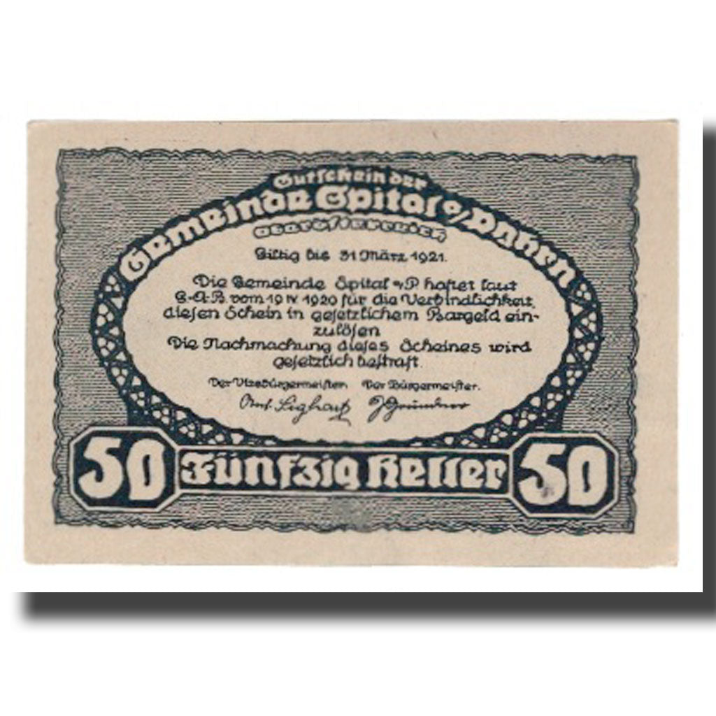Nota, Áustria, Spital am Pyhrn, 50 Heller, texte 1, 1921, 1921-03-31