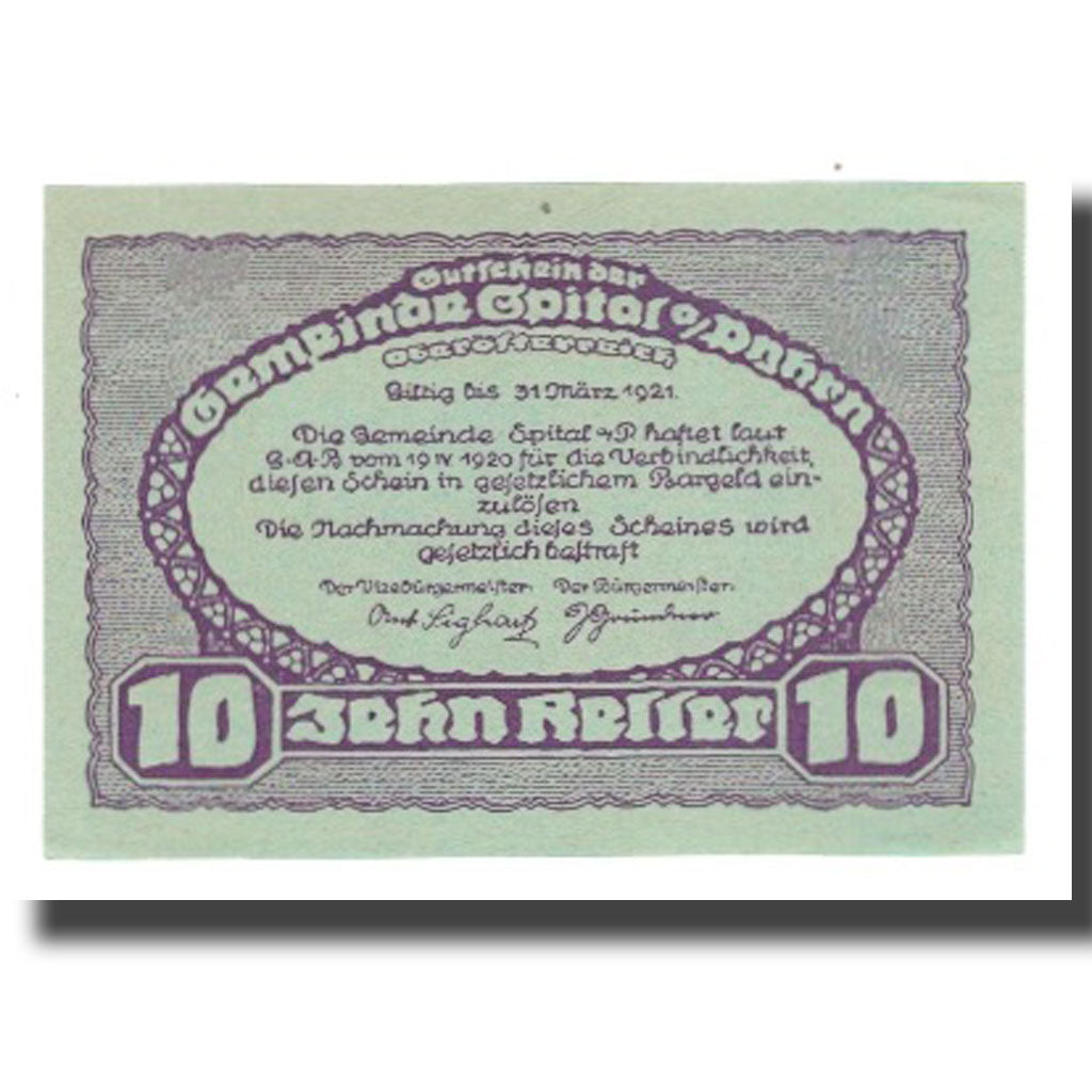 Nota, Áustria, Spital am Pyhrn, 10 Heller, texte 1, 1921, 1921-03-31