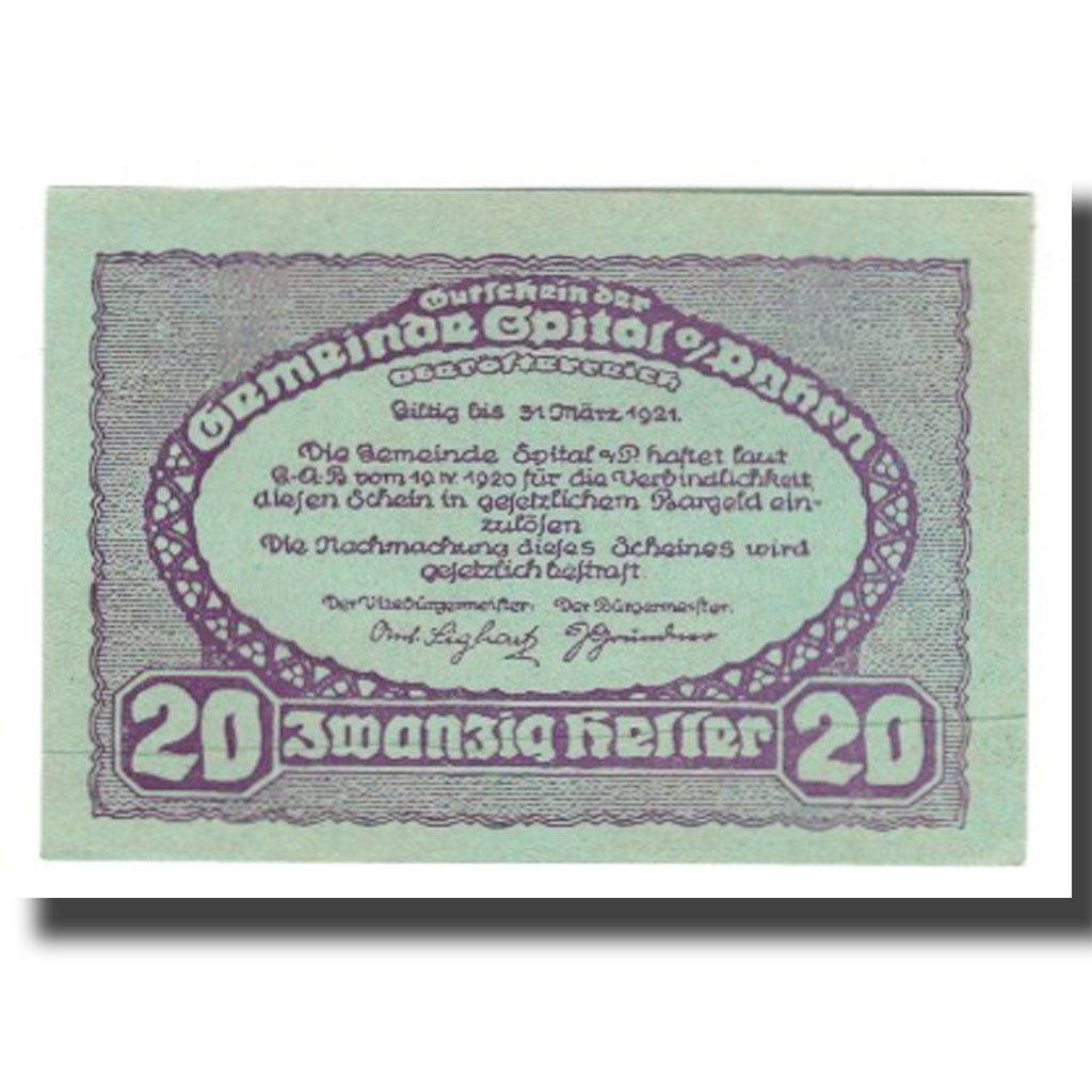Billete, Austria, Spital am Pyhrn, 20 Heller, Texte 2, 1921, 1921-03-31, UNC
