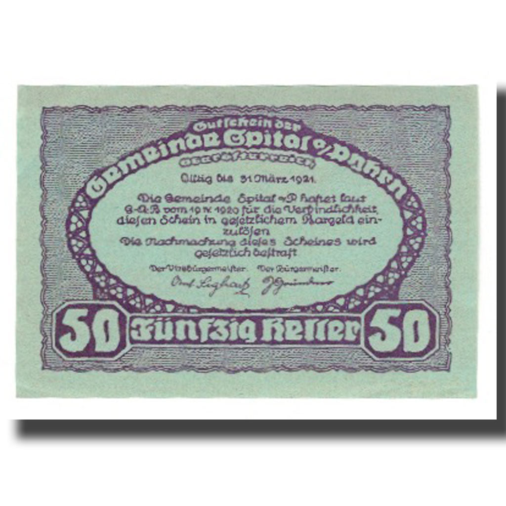Nota, Áustria, Spital am Pyhrn, 50 Heller, Texte 3, 1921, 1921-03-31