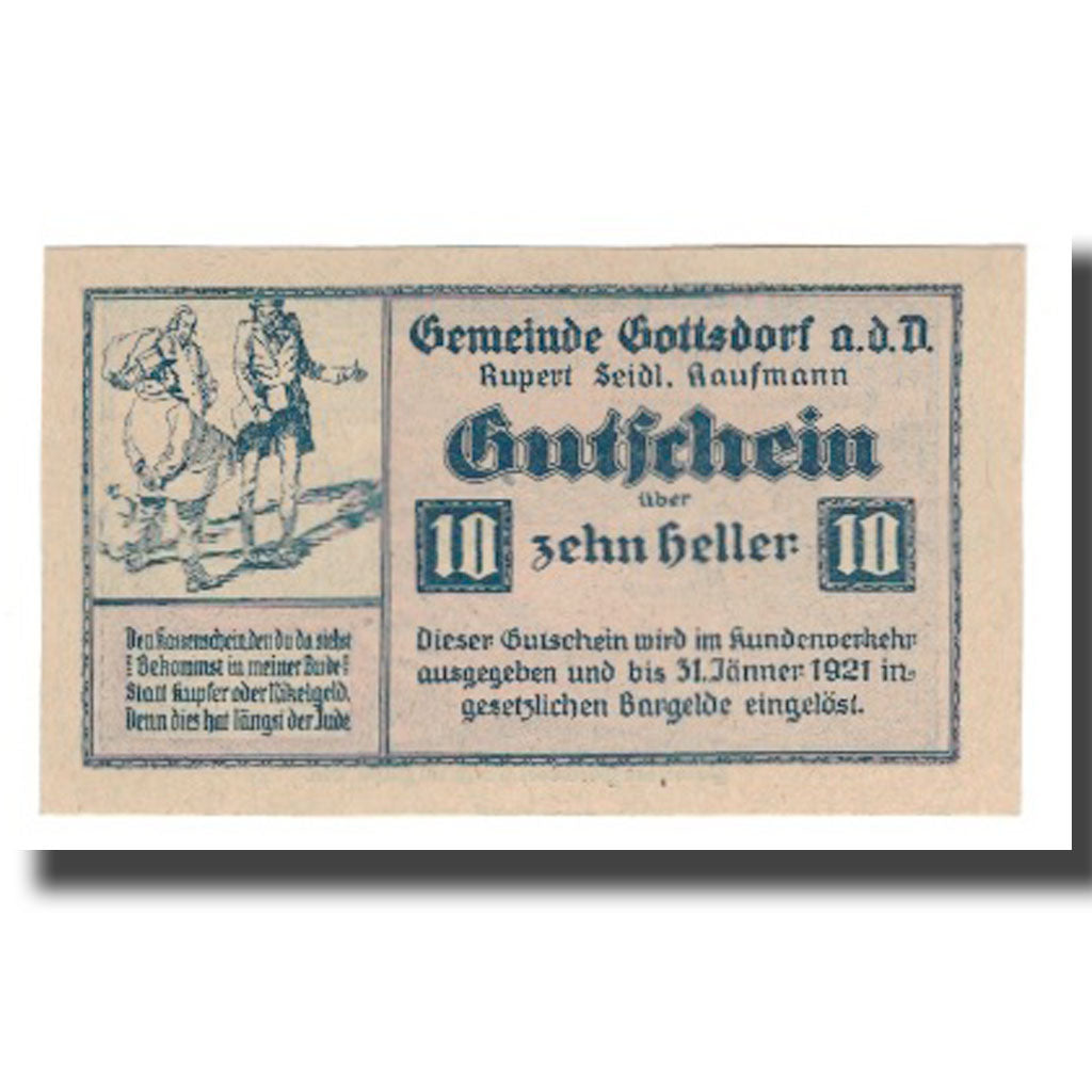 Banconote, Austria, GOTTSDORF, 10 Heller, paysage, 1921, 1921-01-31, FDS