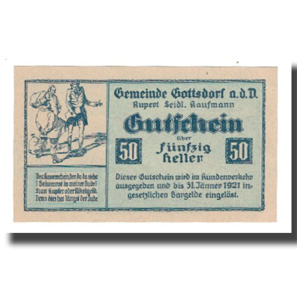 Banconote, Austria, GOTTSDORF, 50 Heller, paysage 2, 1921, 1921-01-31, FDS