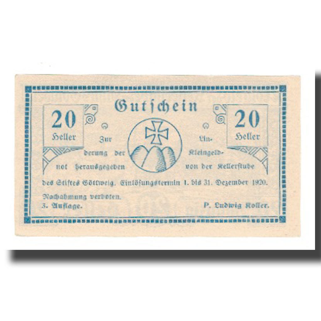 Nota, Áustria, Göttweig, 20 Heller, Texte 2, 1920, 1920-12-31, UNC(65-70)
