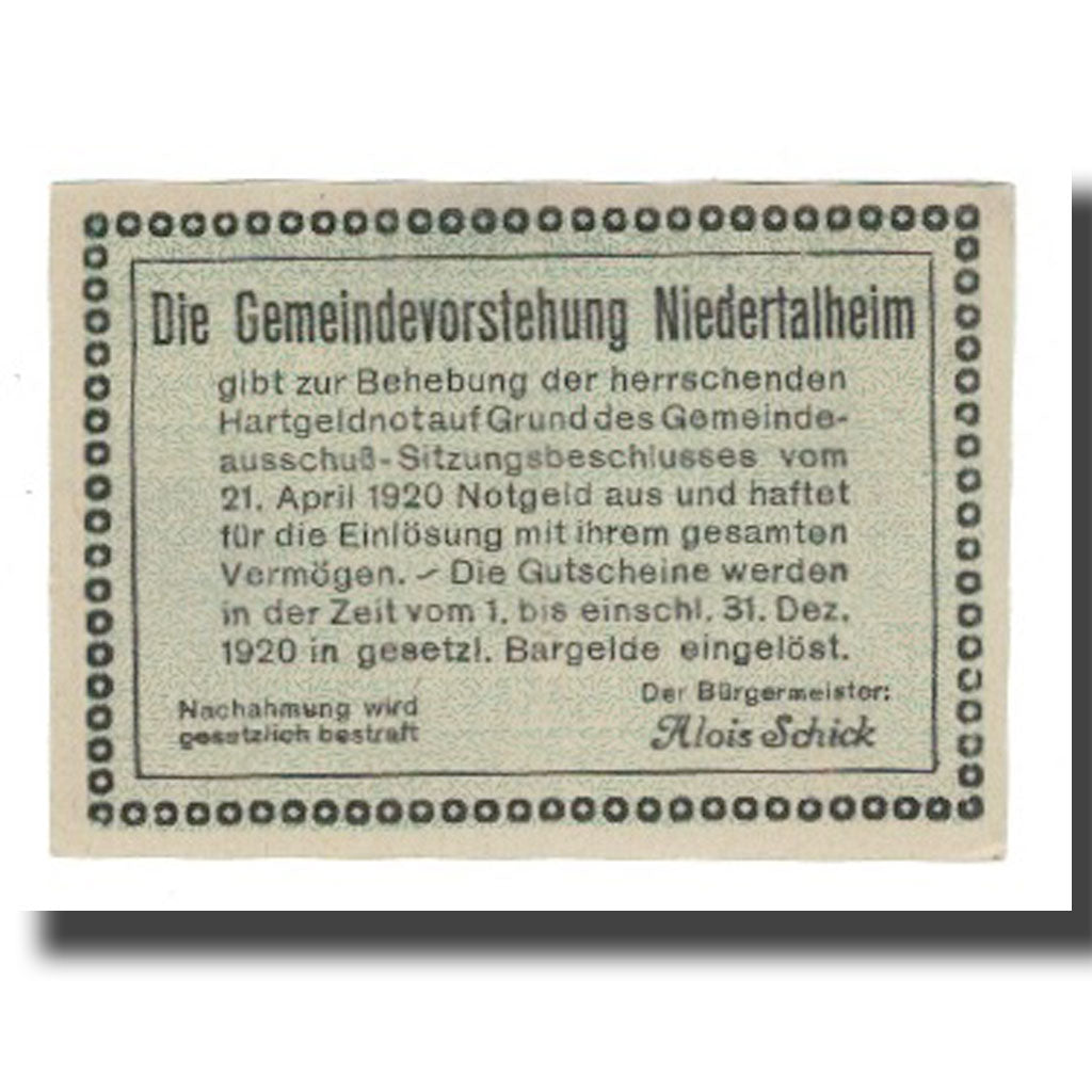 Nota, Áustria, Niedertalheim, 50 Heller, Texte, 1920, 1920-12-31, UNC(65-70)