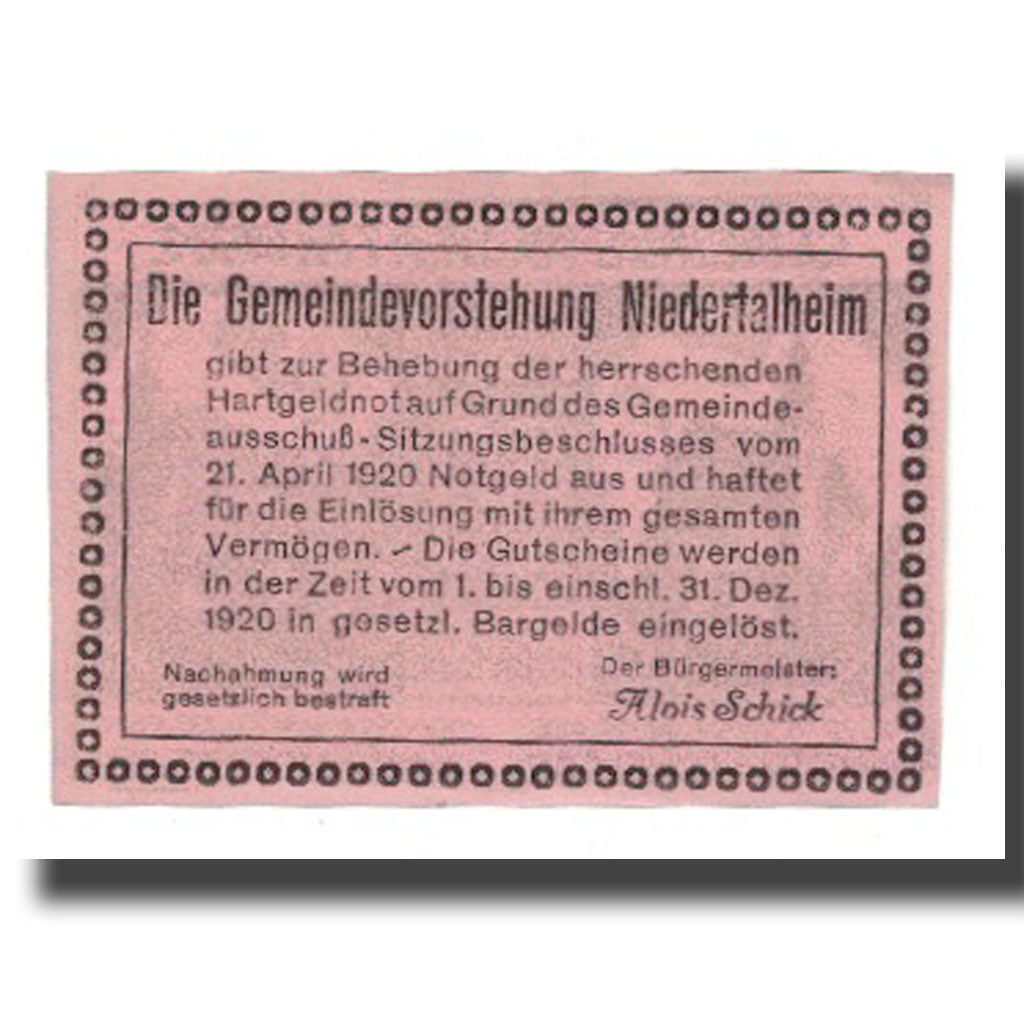 Billete, Austria, Niedertalheim, 50 Heller, texte 1, 1920, 1920-12-31, UNC