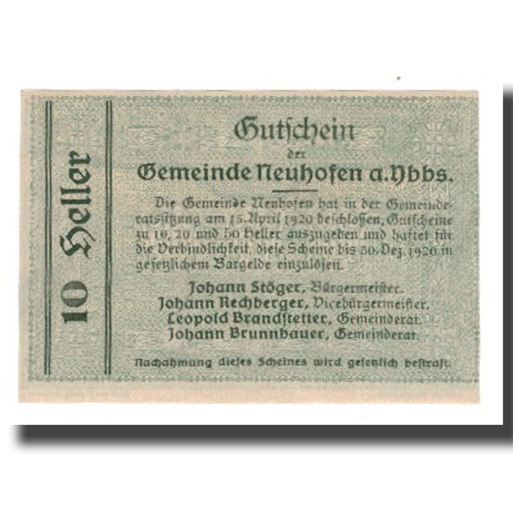 Billete, Austria, Neuhofen a.d Ybbs, 10 Heller, Texte, 1920, 1920-12-30, UNC