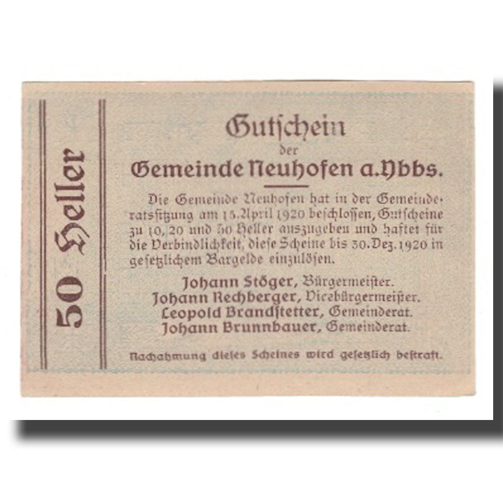 Billete, Austria, Neuhofen a.d Ybbs, 50 Heller, Texte 2, 1920, 1920-12-30, UNC