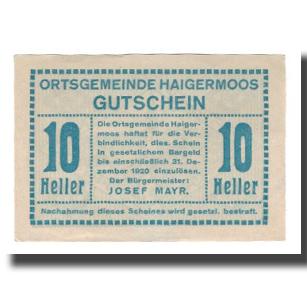 Billete, Austria, Haigermoos, 10 Heller, paysage, 1920, 1920-12-31, UNC, Mehl:FS