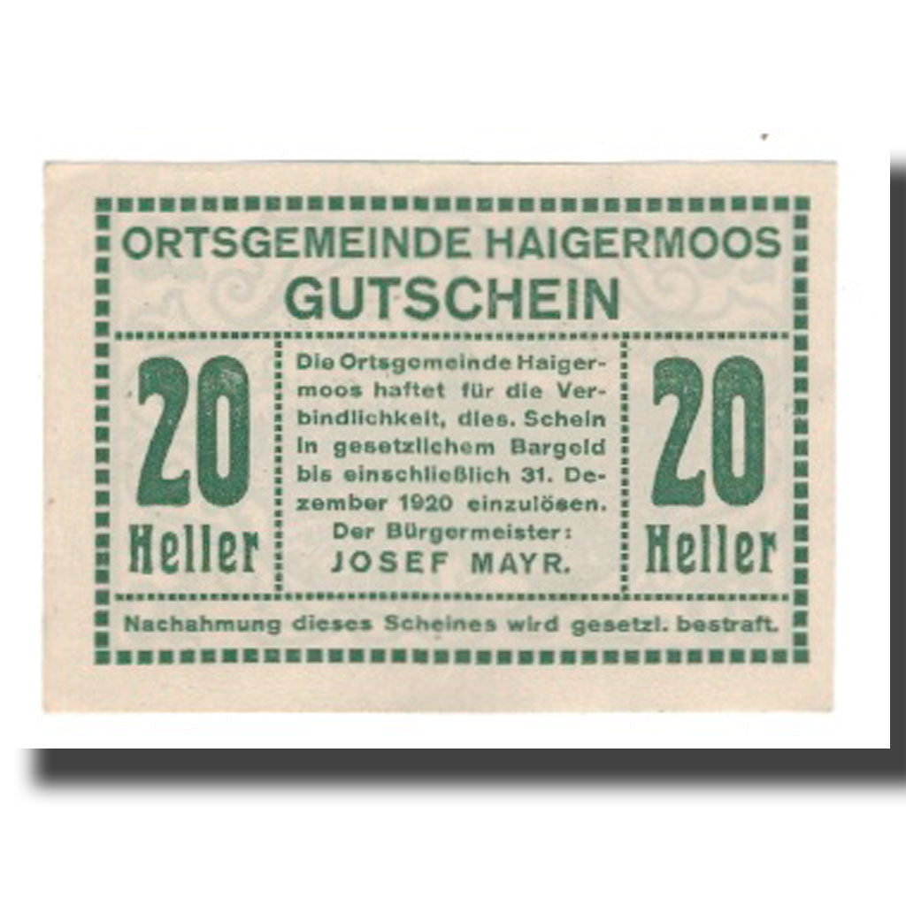 Nota, Áustria, Haigermoos, 20 Heller, paysage 1, 1920, 1920-12-31, UNC(65-70)