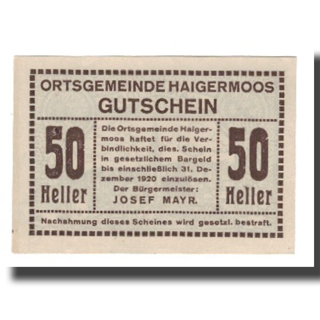Billete, Austria, Haigermoos, 50 Heller, paysage 2, 1920, 1920-12-31, UNC