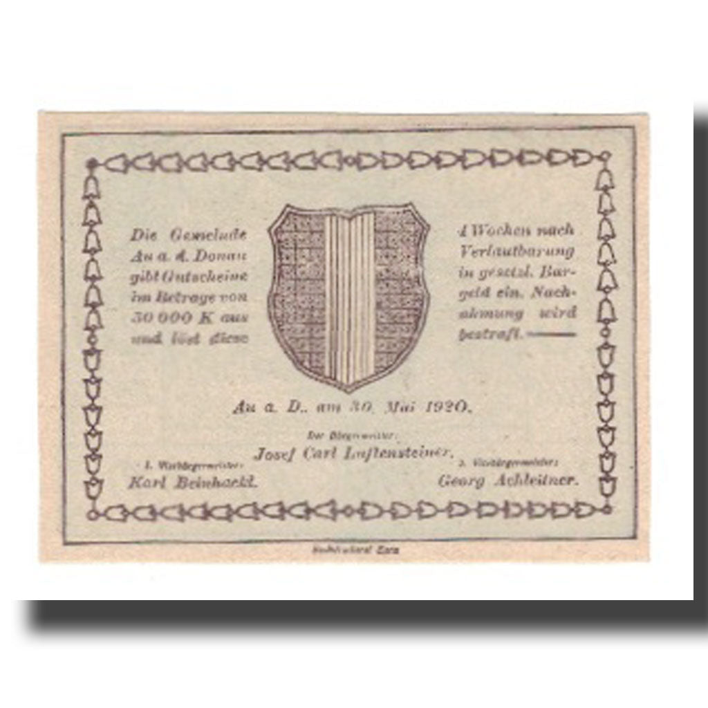 Banknote, Austria, Au an der Donau, 20 Heller, Blason, 1920, 1920-05-30