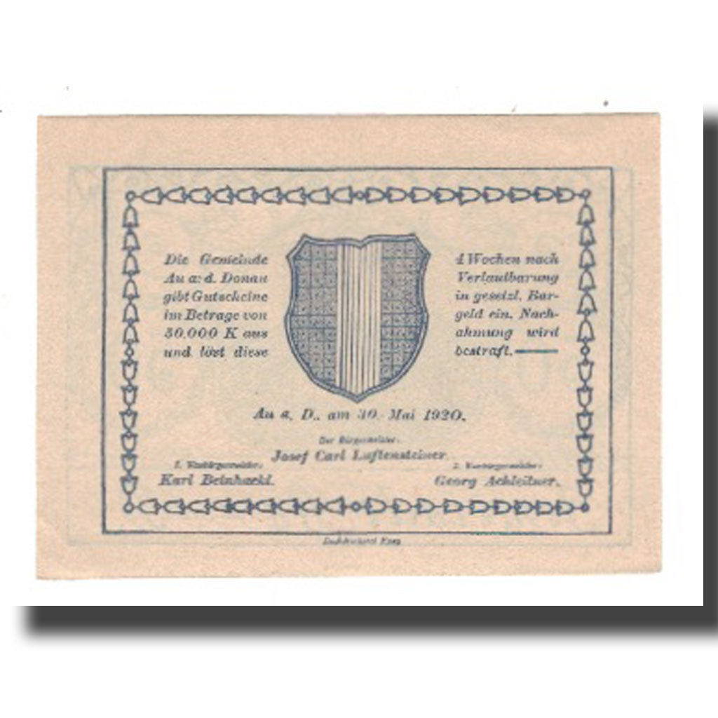 Billete, Austria, Au an der Donau, 50 Heller, Blason 2, 1920, 1920-05-30, UNC