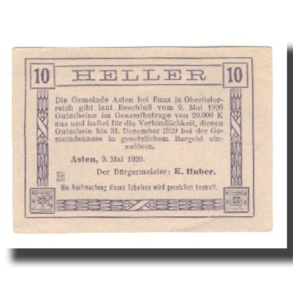 Banknote, Austria, Asten, 10 Heller, Texte, 1920, 1920-12-31, UNC(65-70)
