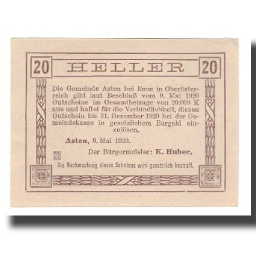 Banknote, Austria, Asten, 20 Heller, texte 1, 1920, 1920-12-31, UNC(65-70)