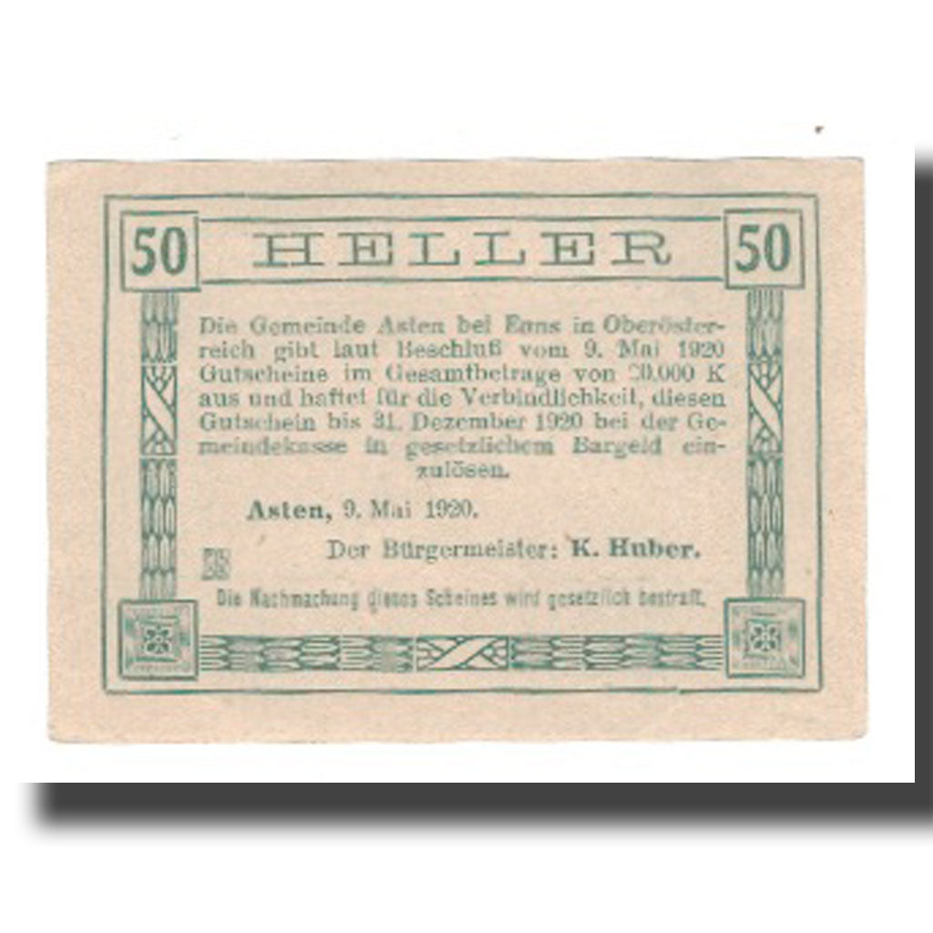 Banknote, Austria, Asten, 50 Heller, Texte 2, 1920, 1920-12-31, UNC(65-70)