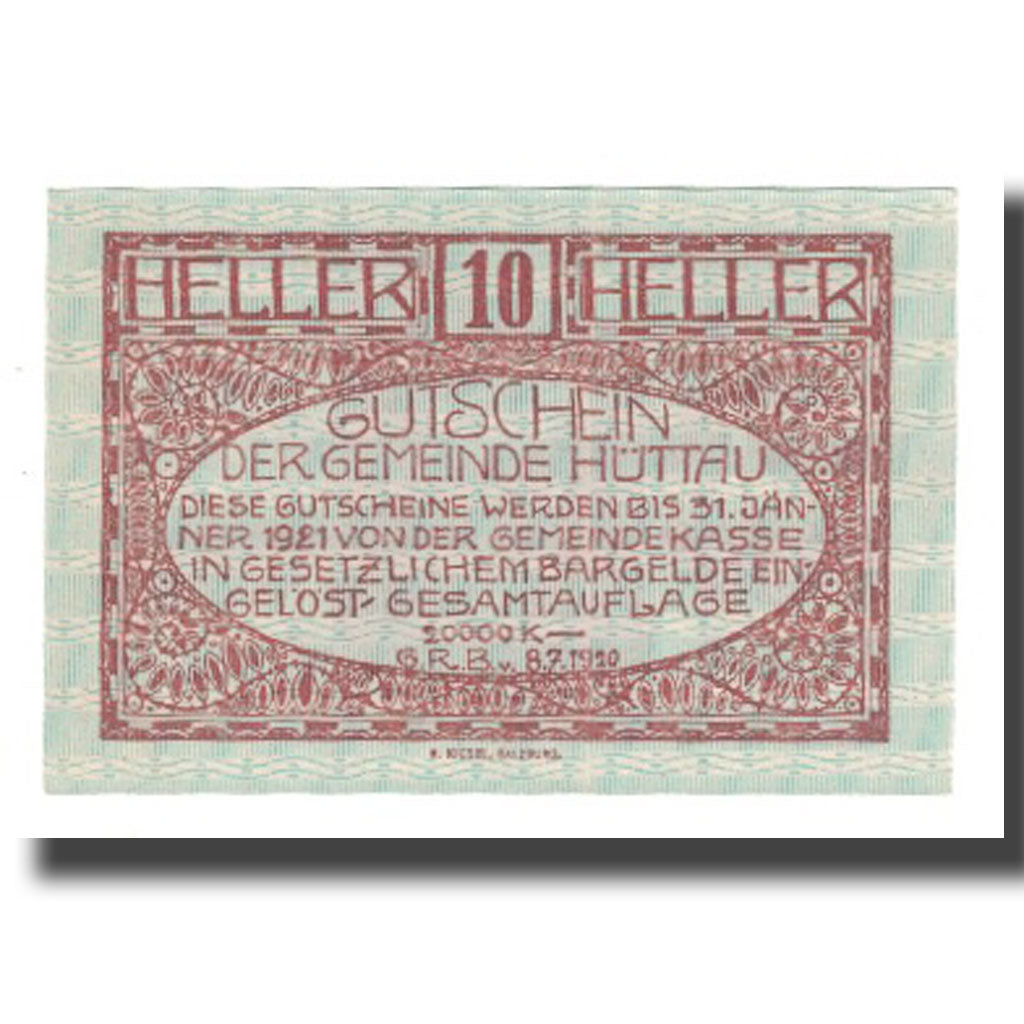 Billet, Autriche, Hüttau, 10 Heller, Texte, 1921, 1921-01-31, NEUF, Mehl:FS 401