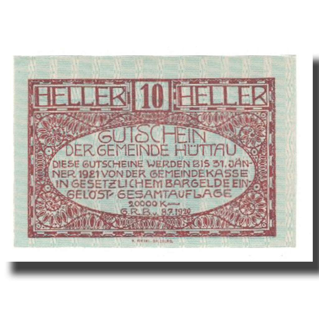 Banknote, Austria, Hüttau, 10 Heller, texte 1, 1921, 1921-01-31, UNC(65-70)