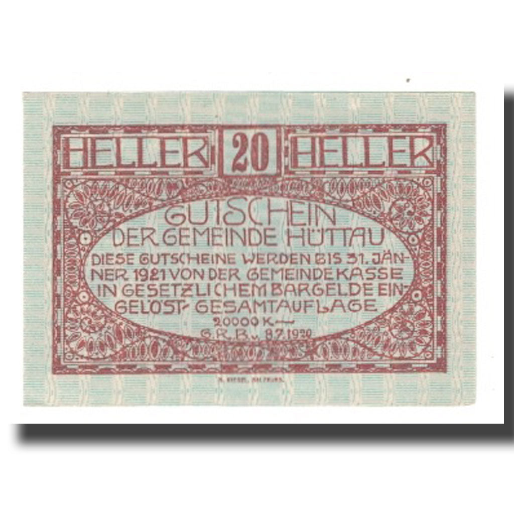 Billete, Austria, Hüttau, 20 Heller, Texte 2, 1921, 1921-01-31, UNC, Mehl:FS