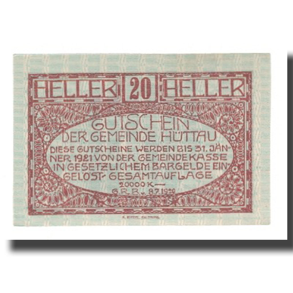 Nota, Áustria, Hüttau, 20 Heller, Texte 3, 1921, 1921-01-31, UNC(65-70)