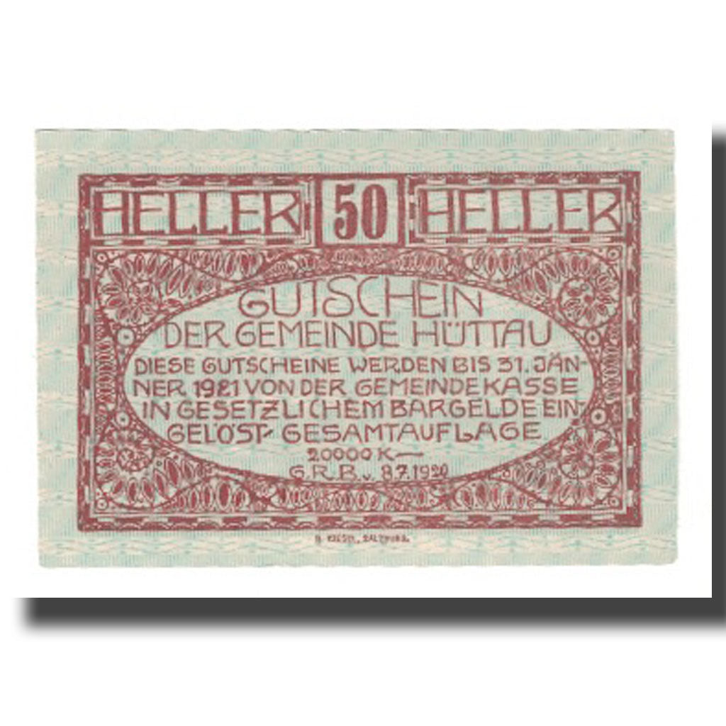 Nota, Áustria, Hüttau, 50 Heller, Texte 4, 1921, 1921-01-31, UNC(65-70)