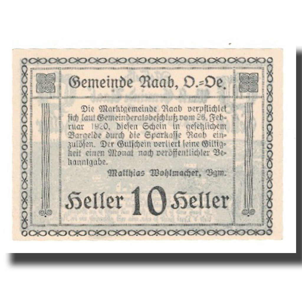 Billet, Autriche, Raab, 10 Heller, Texte, 1920, 1920-02-26, NEUF, Mehl:FS 805II