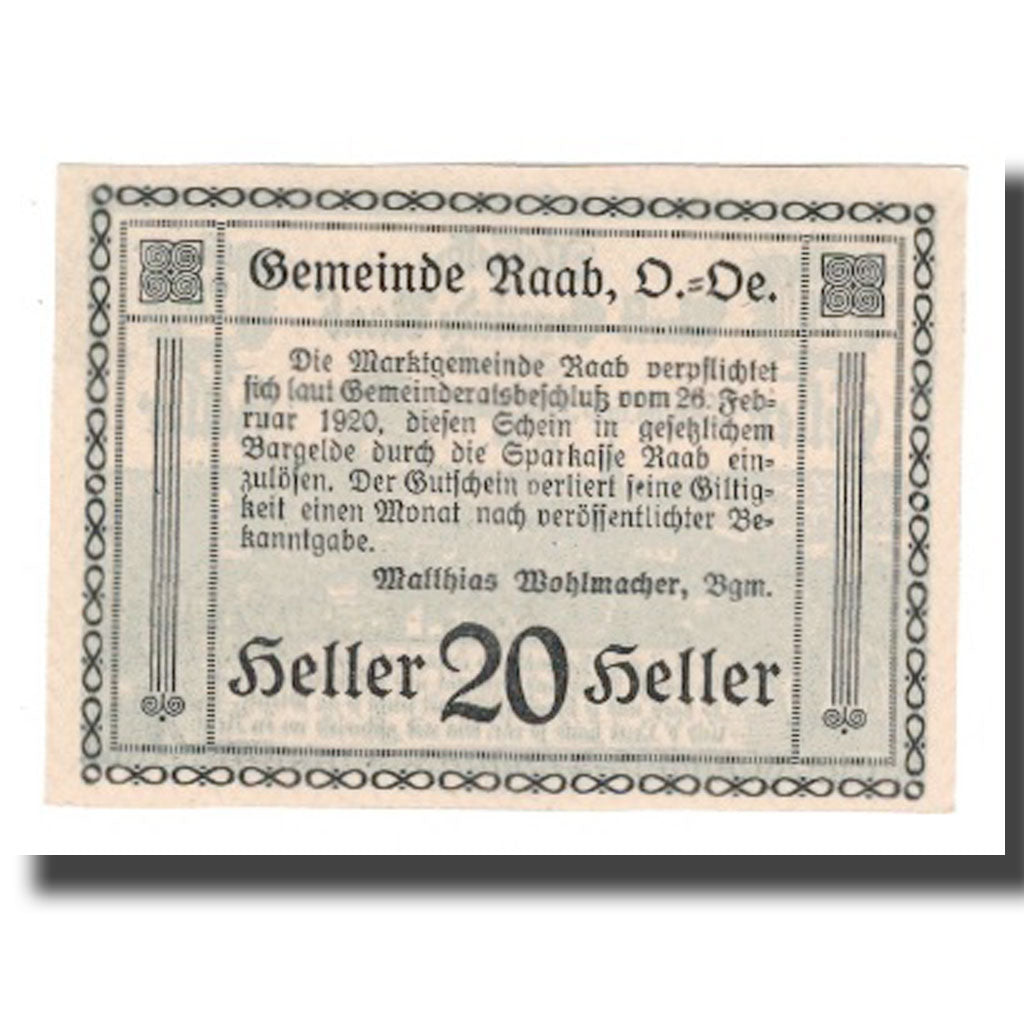 Nota, Áustria, Raab, 20 Heller, texte 1, 1920, 1920-02-26, UNC(65-70), Mehl:FS