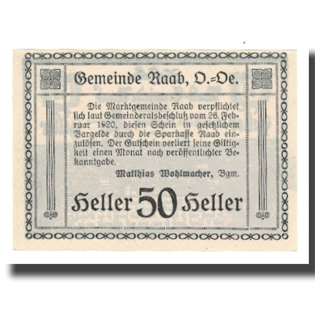 Billete, Austria, Raab, 50 Heller, Texte 2, 1920, 1920-02-26, UNC, Mehl:FS 805II