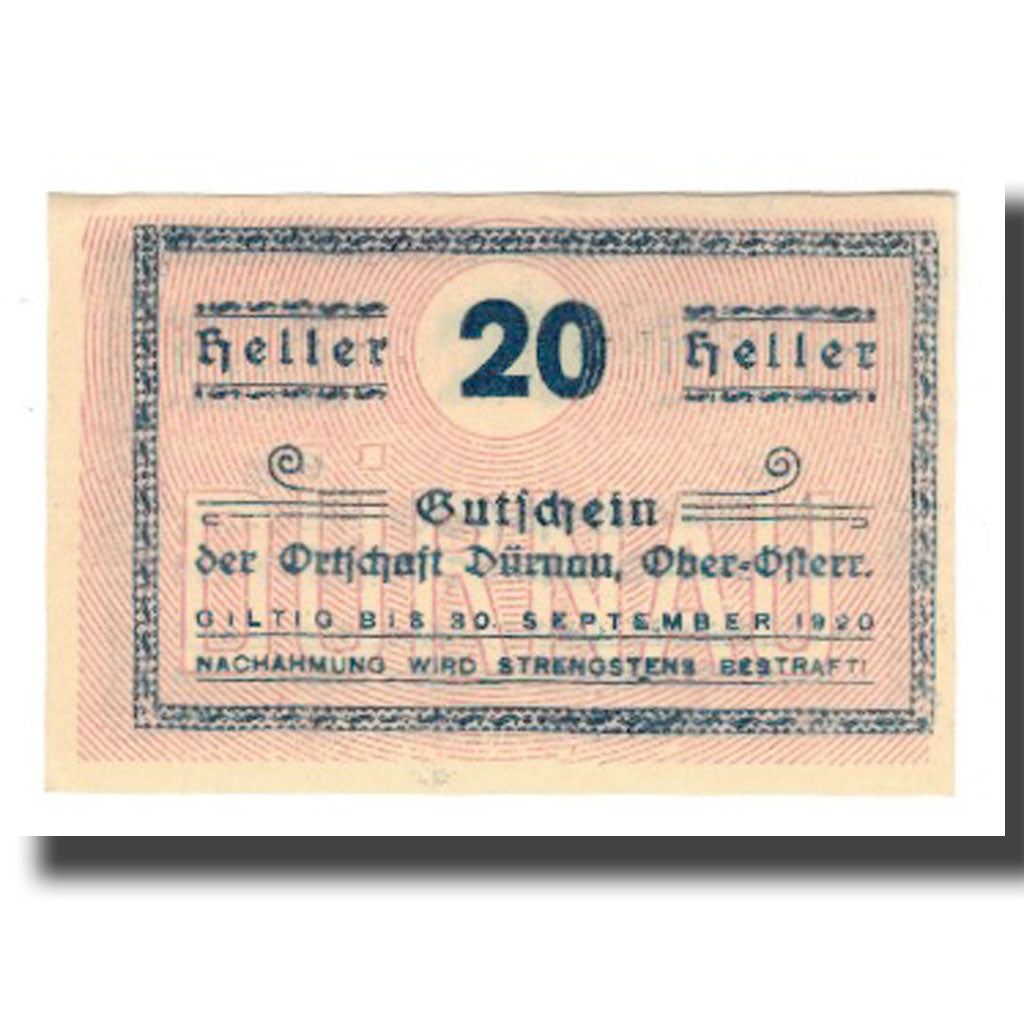 Nota, Áustria, Durnau, 20 Heller, N.D, 1920, 1920-09-30, UNC(65-70), Mehl:FS