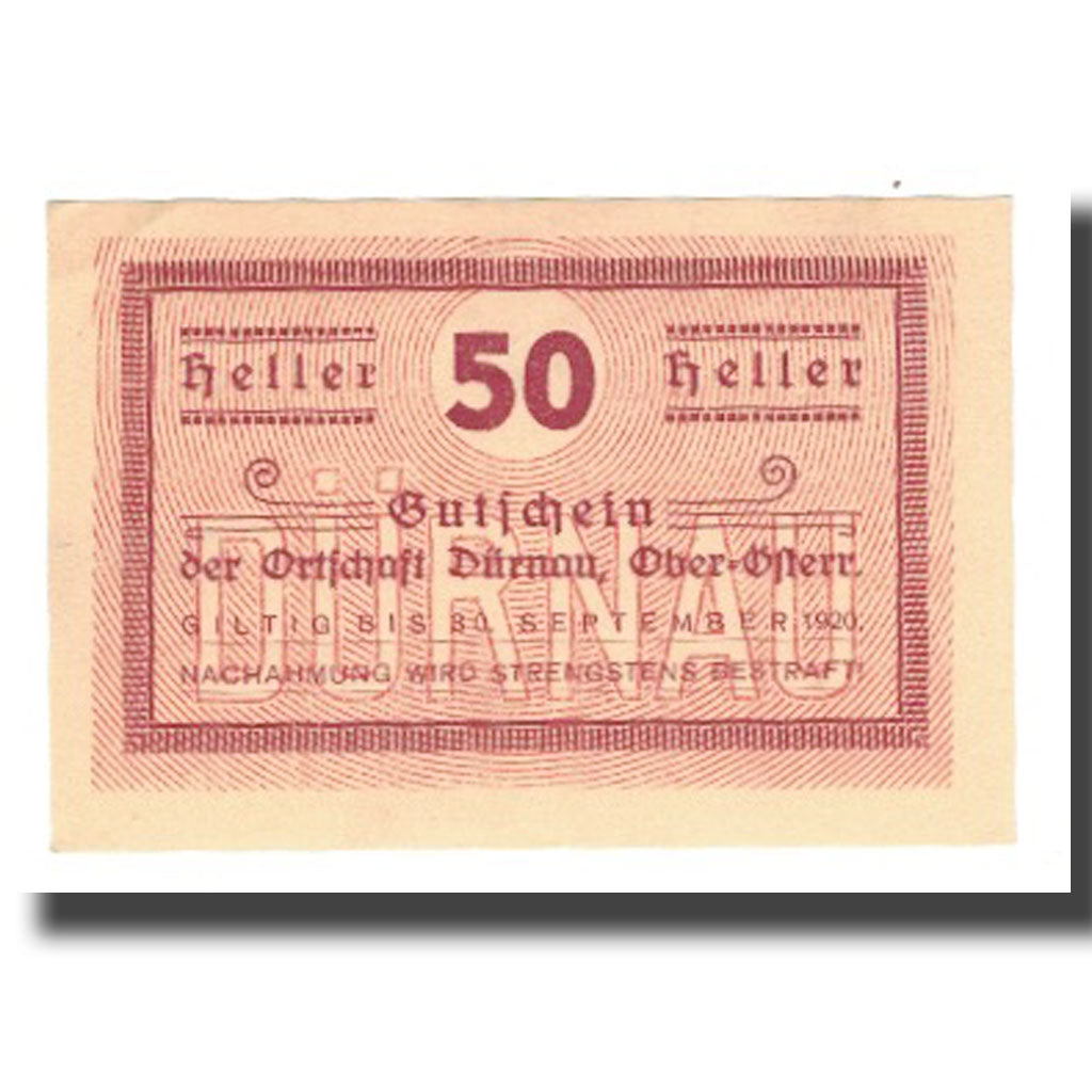 Nota, Áustria, Durnau, 50 Heller, N.D, 1920, 1920-09-30, UNC(65-70), Mehl:FS