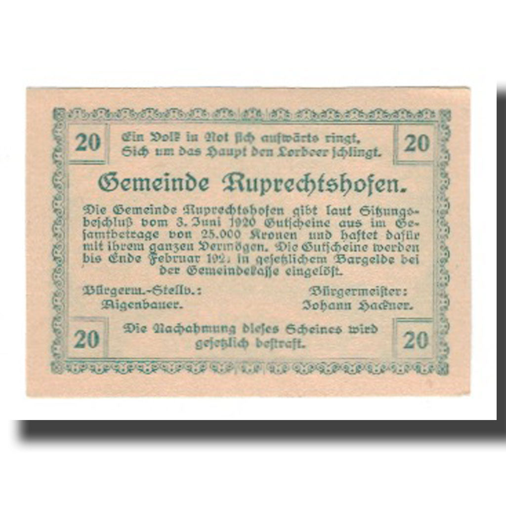 Billet, Autriche, Ruprechtshofen, 20 Heller, Texte, 1921, NEUF, Mehl:FS 855